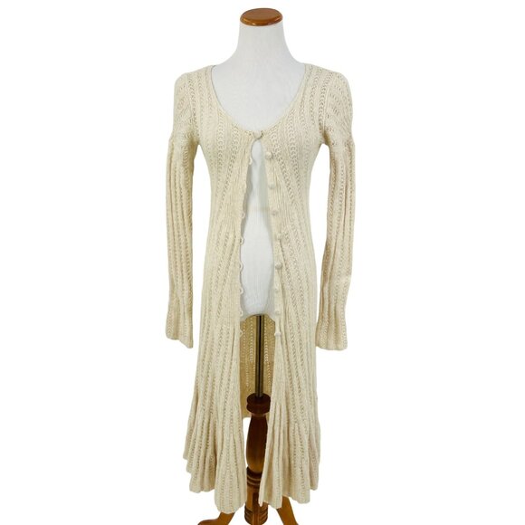 RARE VINTAGE Free People Ivory Long Knit Flowy Maxi Cardigan - Picture 7 of 13